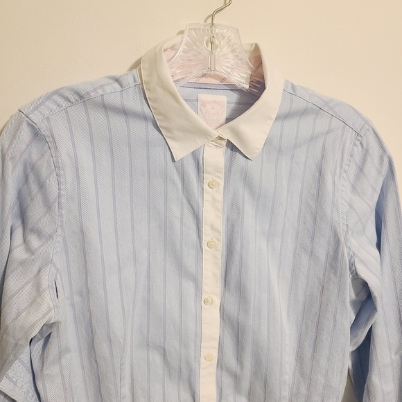 Brooks Brothers | Women's Blue Striped Button Down Dress Shirt (Size 10) - Picture 5 of 10